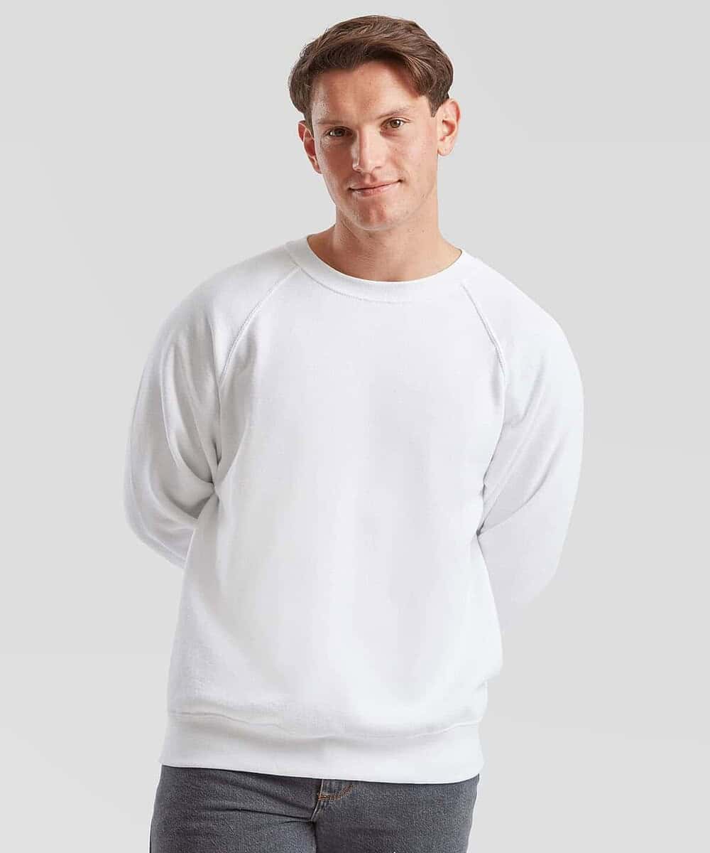 Man wearing a white Raglan sweatshirt, ideal for work and team uniforms.