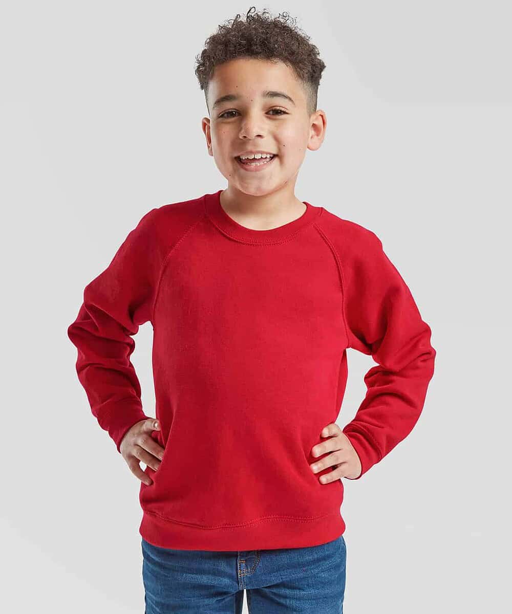 Child wearing red Kids Classic Raglan Sweatshirt, ideal for workwear and casual outfits.