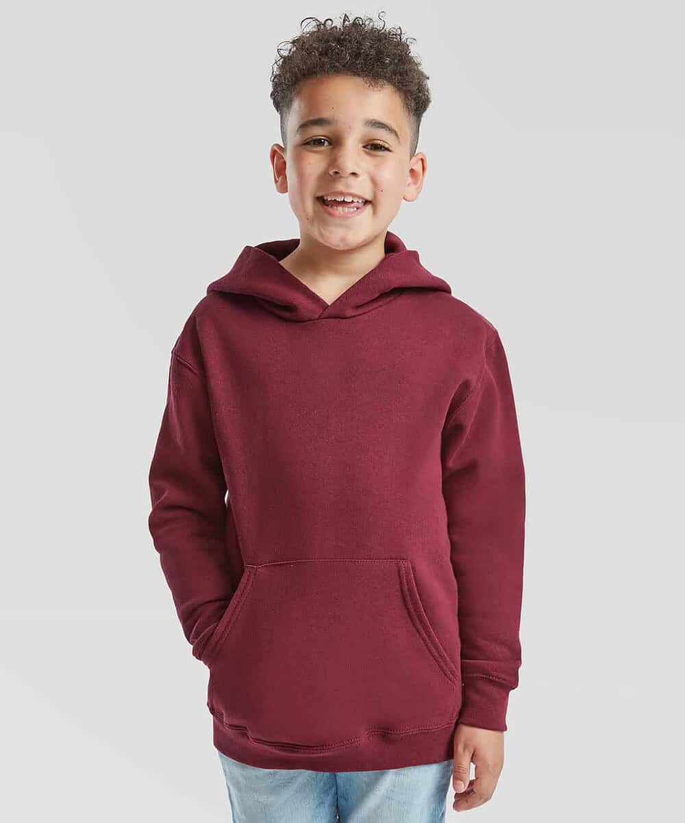 Child wearing a maroon Fruit Of The Loom SS273 hoodie, front view.