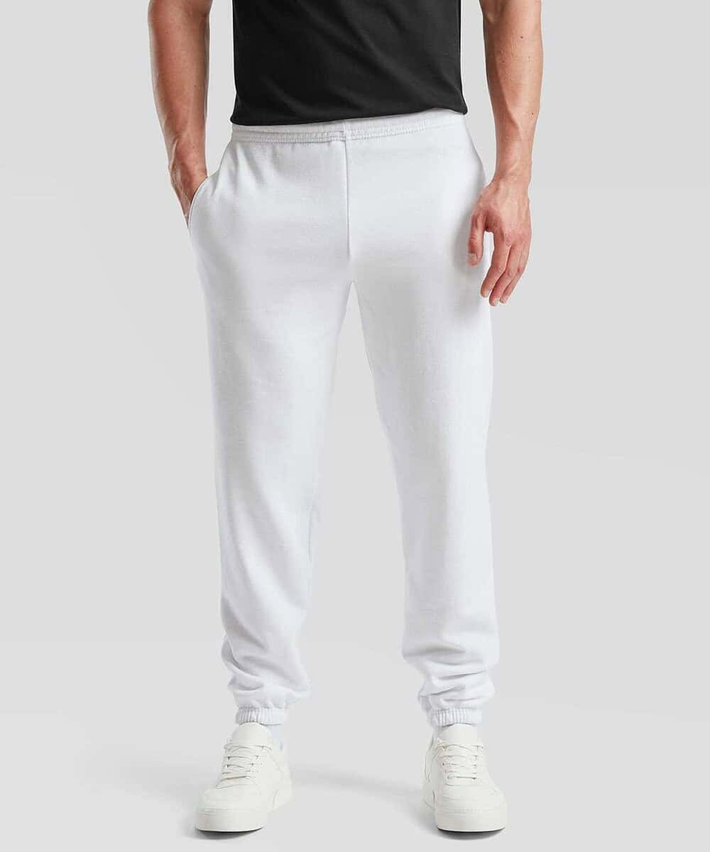 White embroidered sweatpants with elasticated cuffs, ideal for work or casual settings.