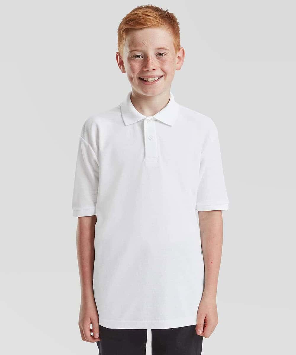 Child wearing a white Pique polo shirt with embroidered logo, suitable for school or casual wear.