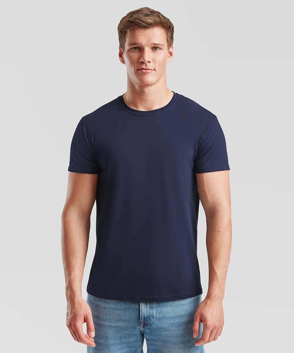 Navy T-shirt from Fruit Of The Loom SS430 Iconic 150 T, ideal for work uniforms.