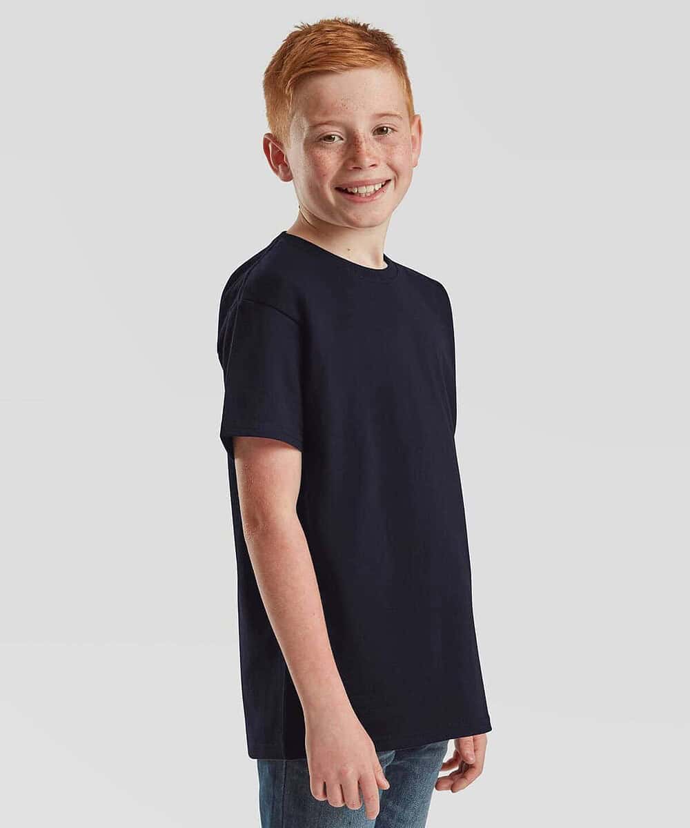 Child wearing navy T-shirt, ideal for workwear or casual use, comfortable and durable.