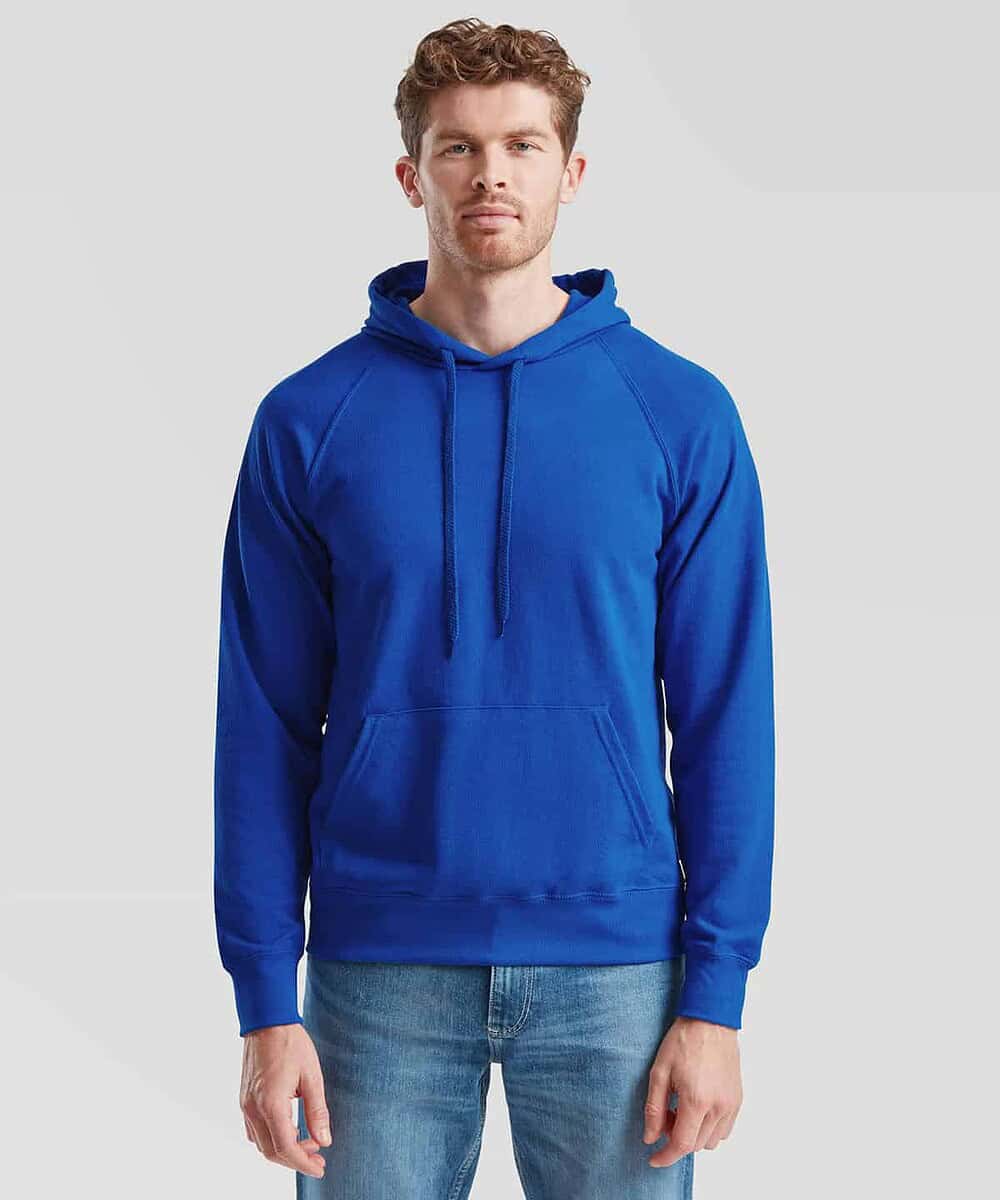 Man wearing a blue lightweight hooded sweatshirt, ideal for everyday workwear.