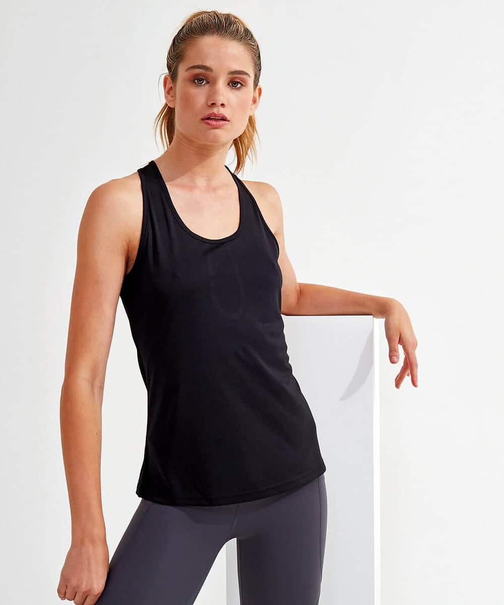 Embroidered women's yoga vest with knot detail, ideal for activewear branding.