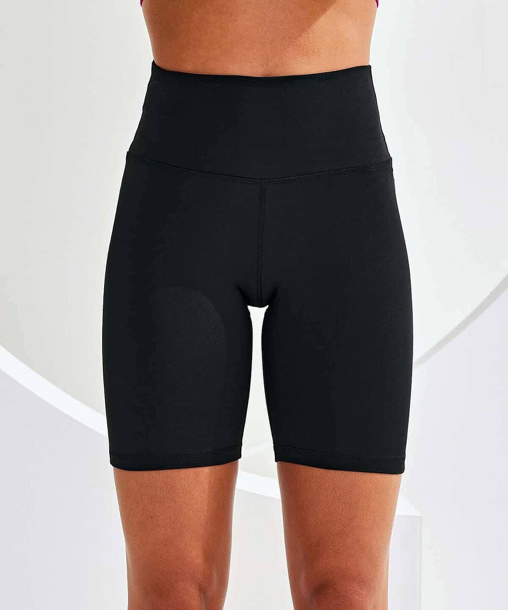 High-waisted black women's athletic shorts for activewear and casual wear.