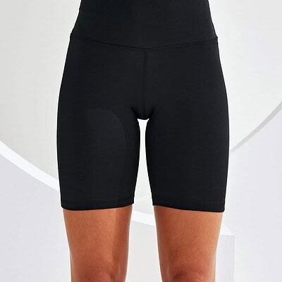 High-waisted black women's athletic shorts for activewear and casual wear.