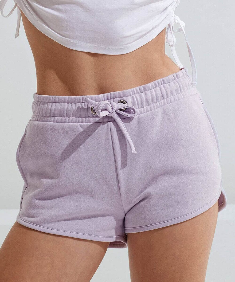 Women's lilac recycled jogger shorts with drawstring waist, perfect for activewear or casual wear.