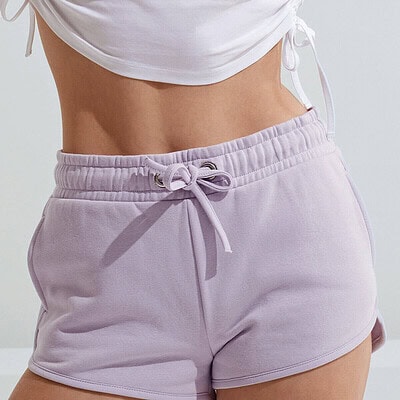 Women's lilac recycled jogger shorts with drawstring waist, perfect for activewear or casual wear.