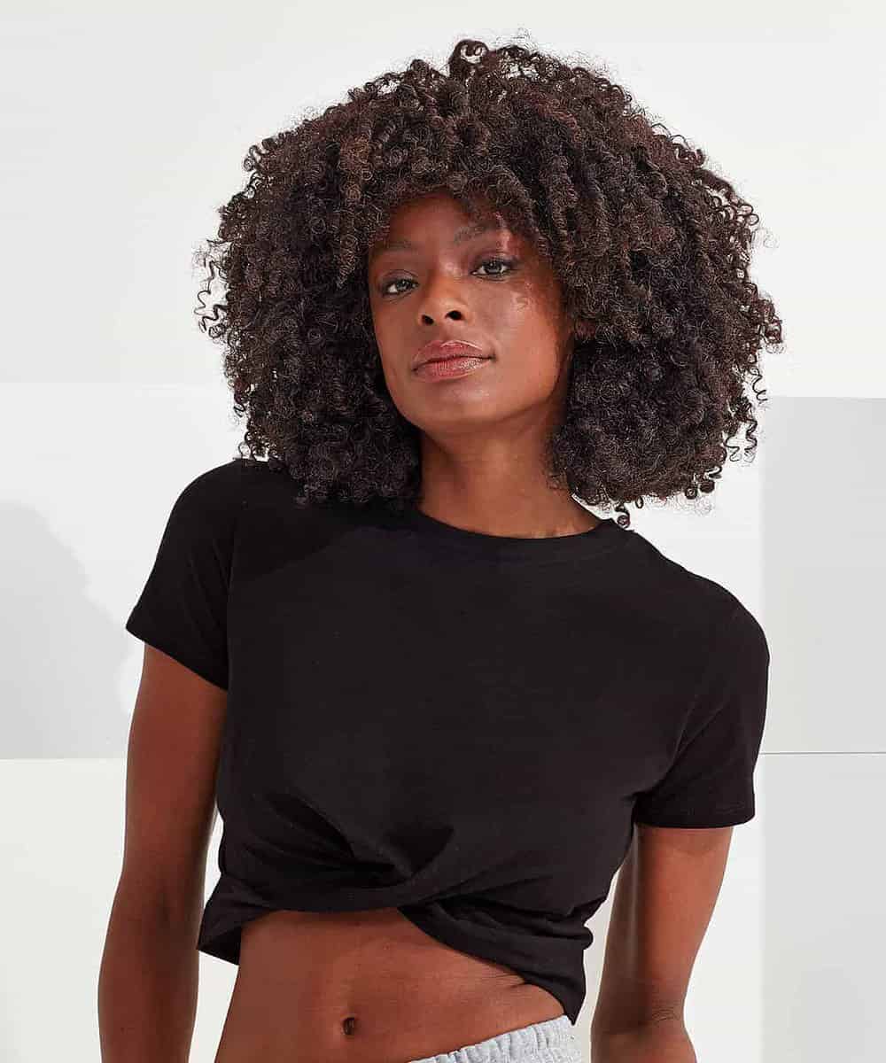 Elegant black women's twist crop top for casual or workwear. Perfect for branding with logos or cust.