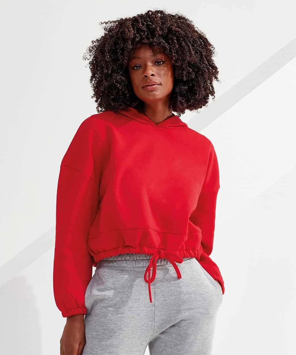 Red women's cropped oversized hoodie with drawstring waist. Perfect for casual wear and branded logo.