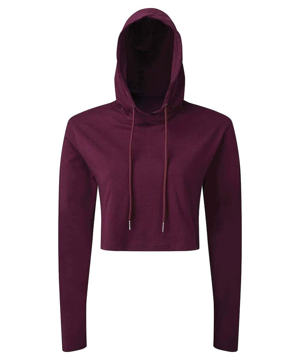 Women's cropped hooded long sleeve T-shirt in deep burgundy.