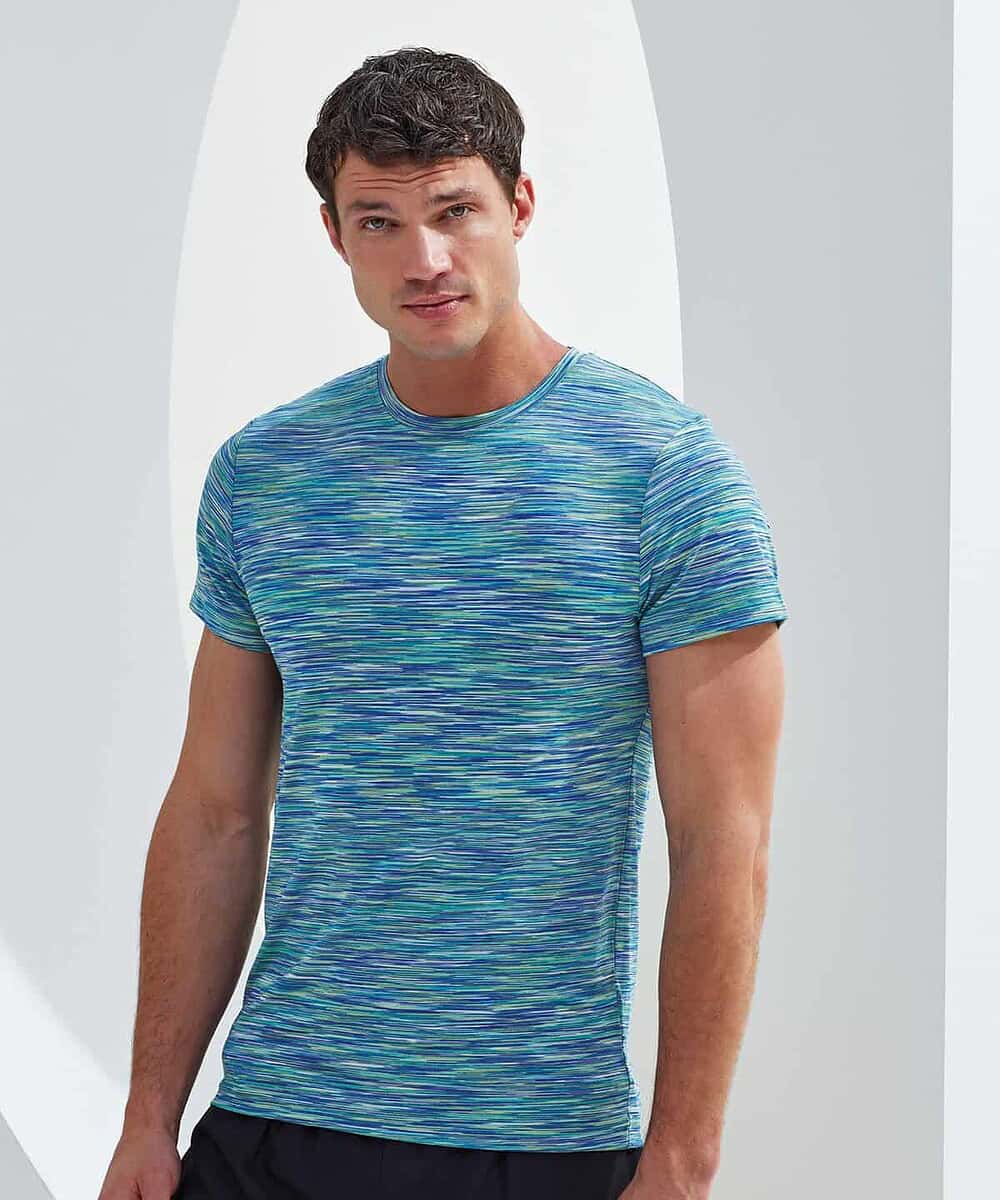 Man wearing Tridri® space dye performance T-shirt, casual style, front view.