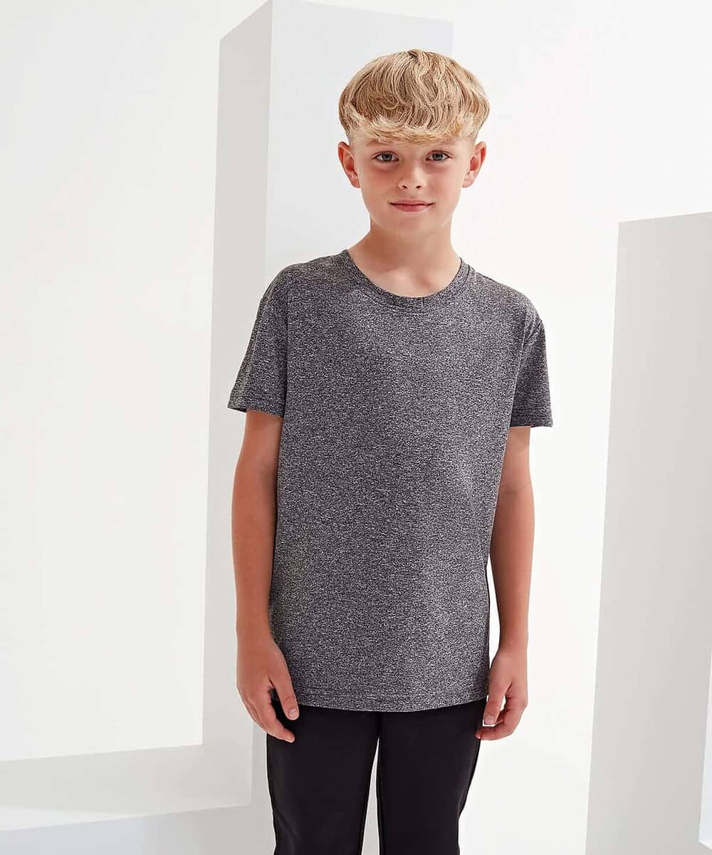 Child wearing a grey Tridri® TR10B kids' performance T-shirt for active wear.