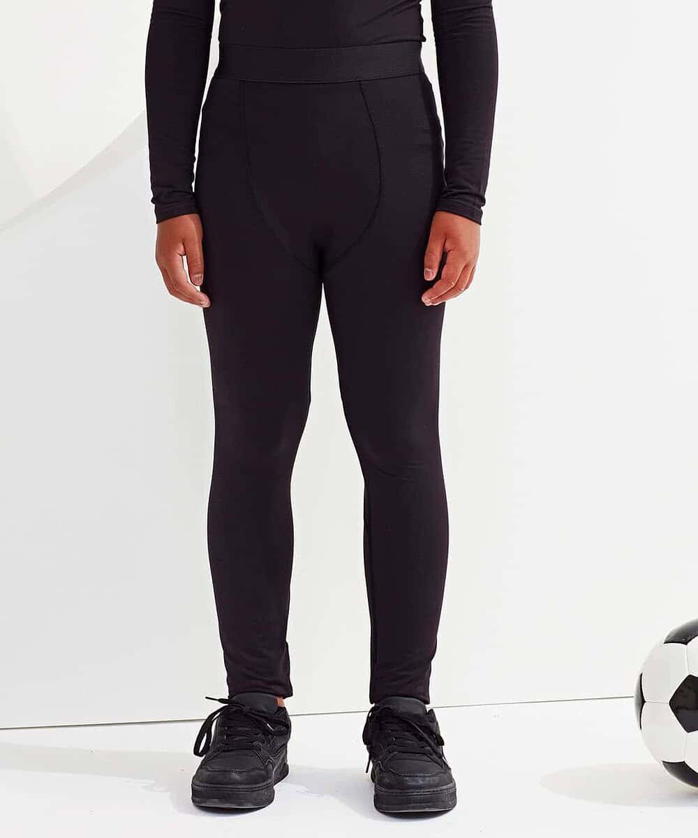 Kids Tridri training leggings with logo, black, comfortable sportswear for children.