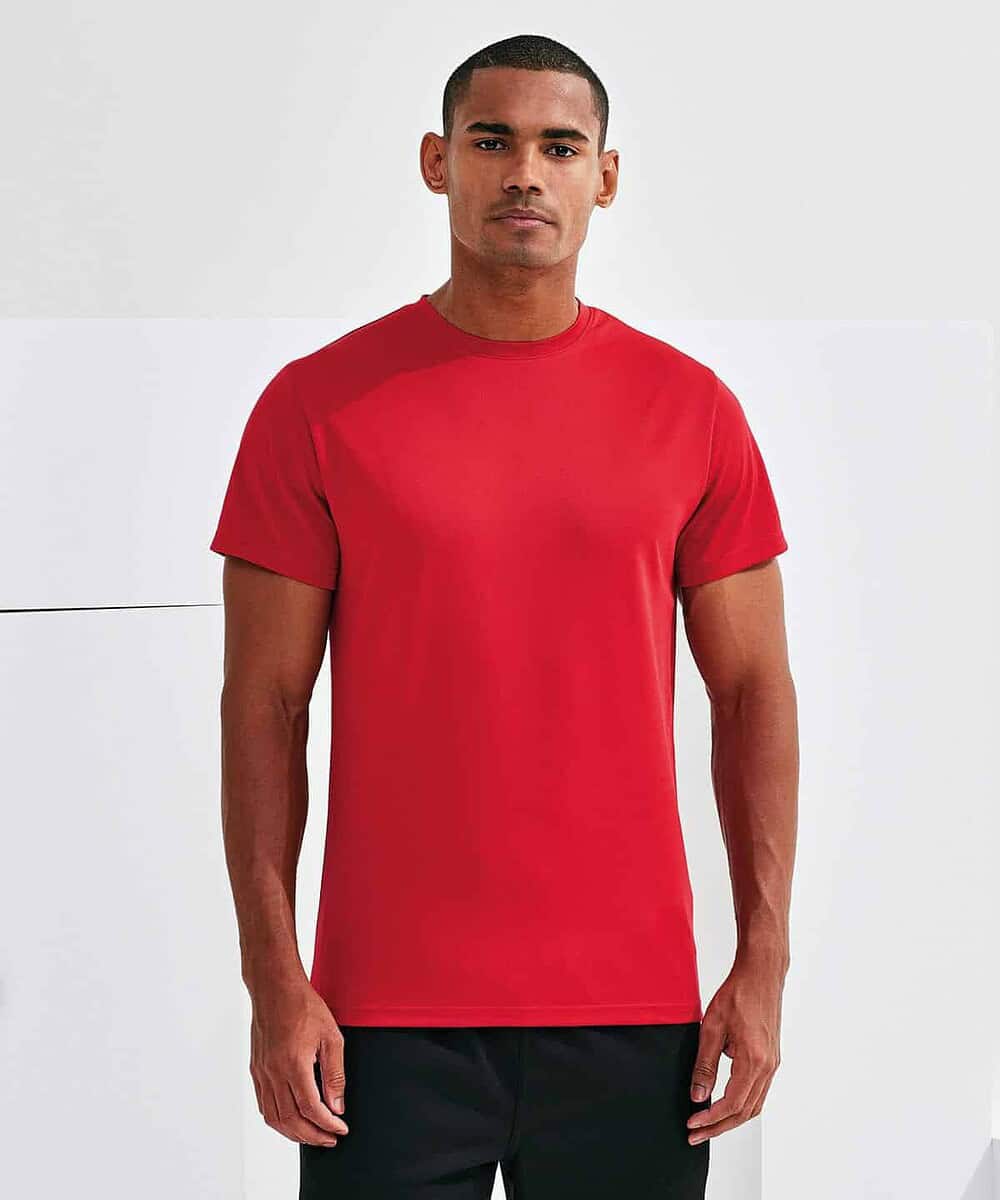 Red recycled textured T-shirt with a classic fit, ideal for branding and promotional wear.