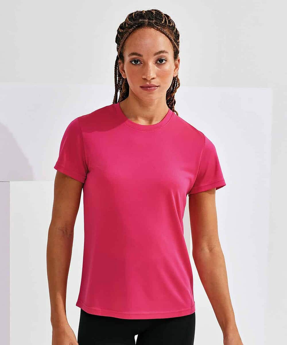 Woman wearing pink Tridri® TR504 recycled textured T-shirt.