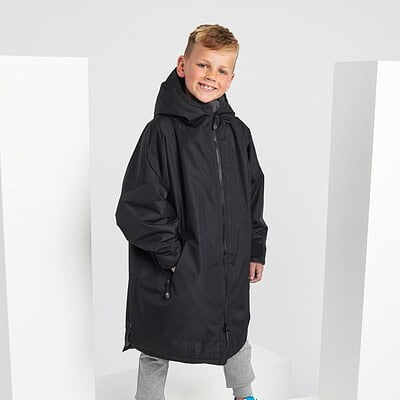 Kids waterproof changing robe with hood and logo space.