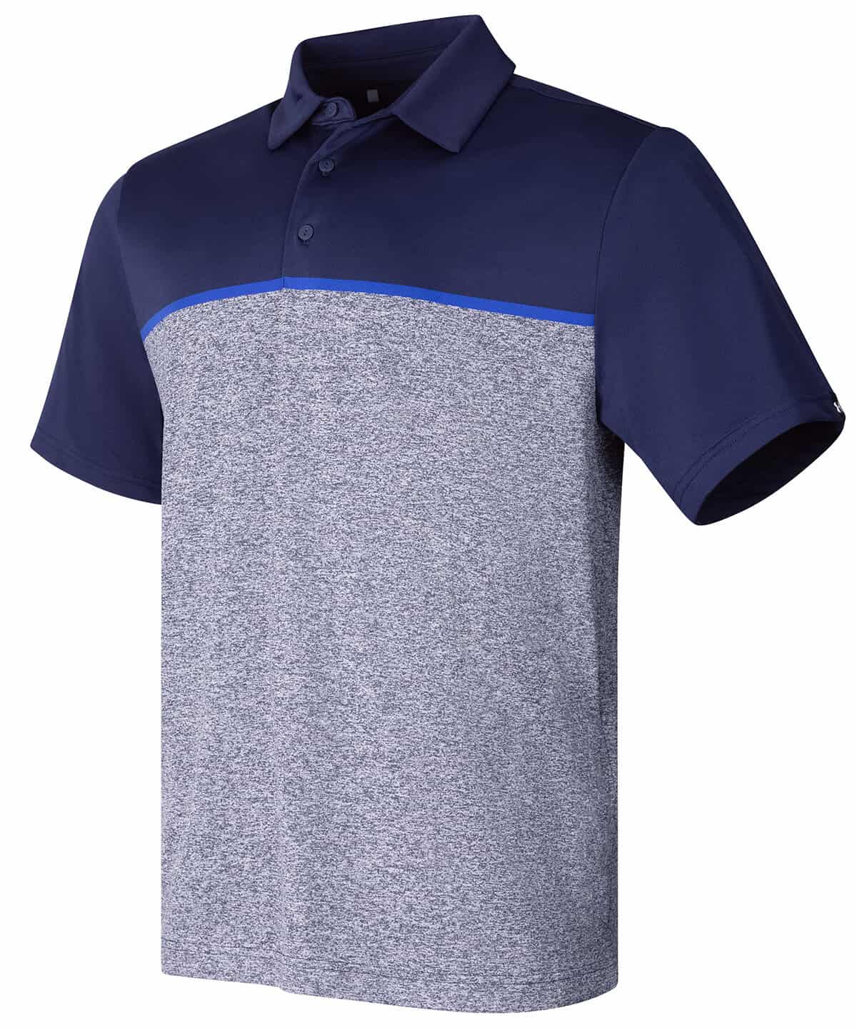 Men's navy and grey embroidered workwear polo shirt with logo placement.