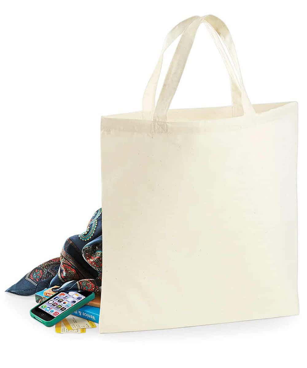 Plain white cotton tote bag with handles, ideal for shopping, branding, and promotional events.