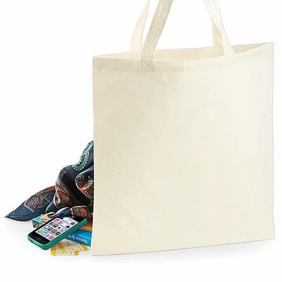 Plain white cotton tote bag with handles, ideal for shopping, branding, and promotional events.