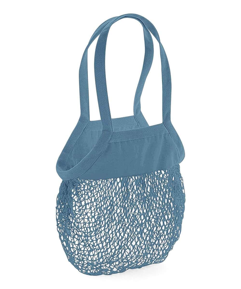 Blue organic cotton mesh shopping bag with handles for groceries or daily use.