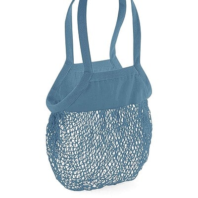 Blue organic cotton mesh shopping bag with handles for groceries or daily use.