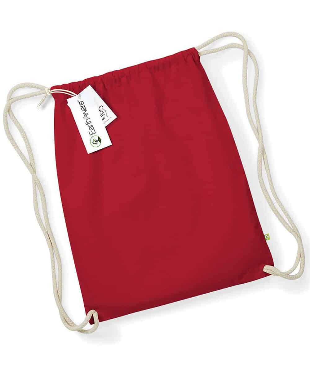 Red organic gymsac with white drawstrings for eco-conscious branding.