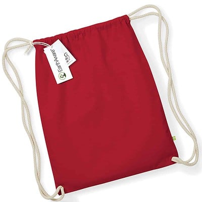Red organic gymsac with white drawstrings for eco-conscious branding.