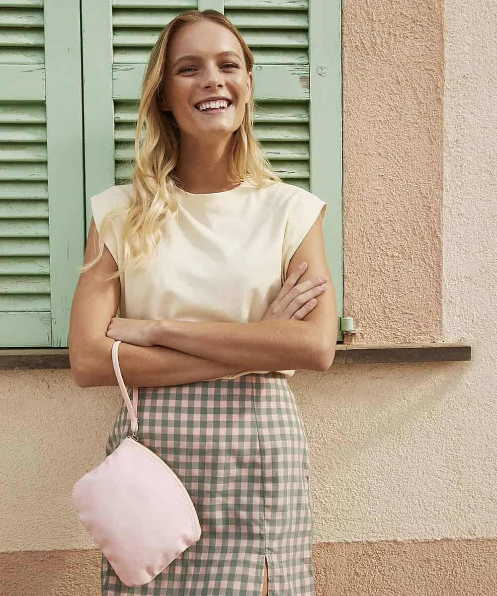 Organic Spring Wristlet with embroidered logo.