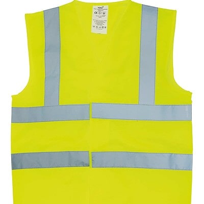 Flame-retardant high-vis sleeveless waistcoat with reflective strips for safety.