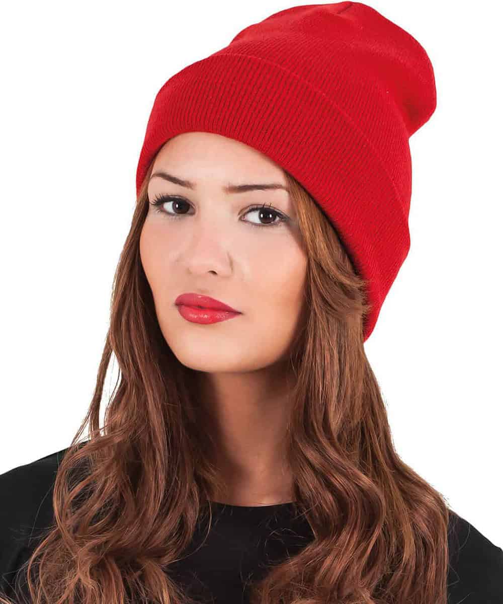 Red Yupoong Beanie with Logo Embroidery.