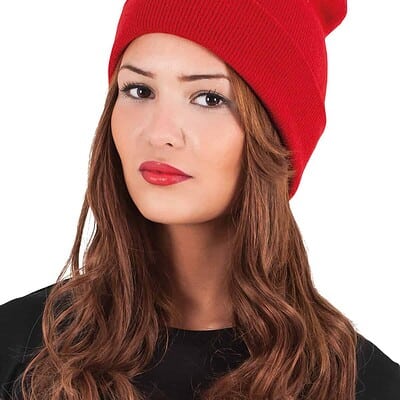 Red Yupoong Beanie with Logo Embroidery.