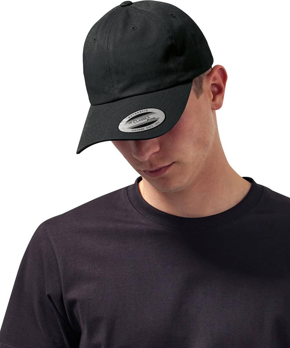 Black Dad Hat with Strap Back and Embroidered Logo.