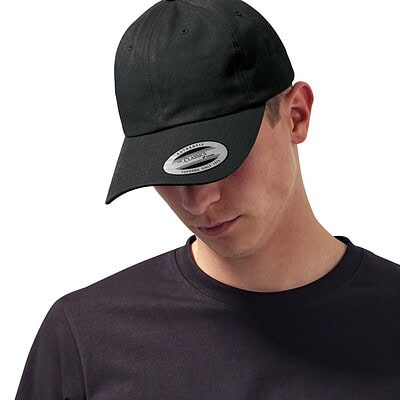 Black Dad Hat with Strap Back and Embroidered Logo.