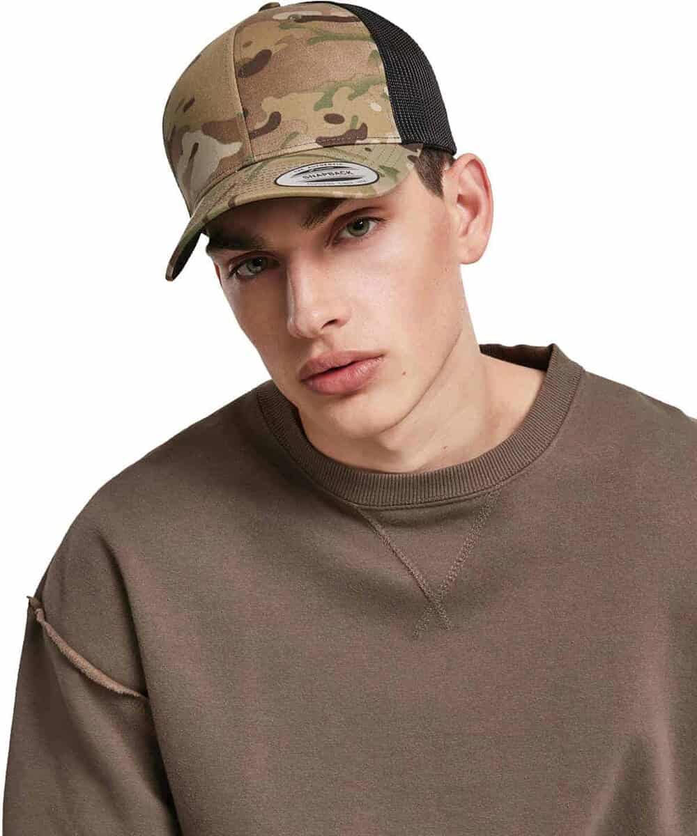 Retro Trucker Cap with Multicam camouflage pattern and adjustable fit. Perfect for branded headwear.