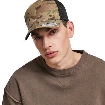 Retro Trucker Cap with Multicam camouflage pattern and adjustable fit. Perfect for branded headwear.