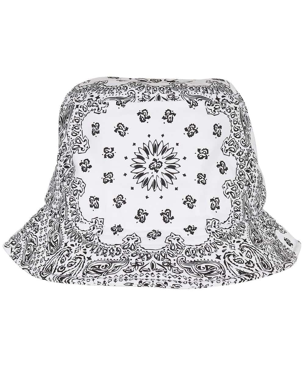 Yupoong YP140 bandana print bucket hat with floral and paisley design.