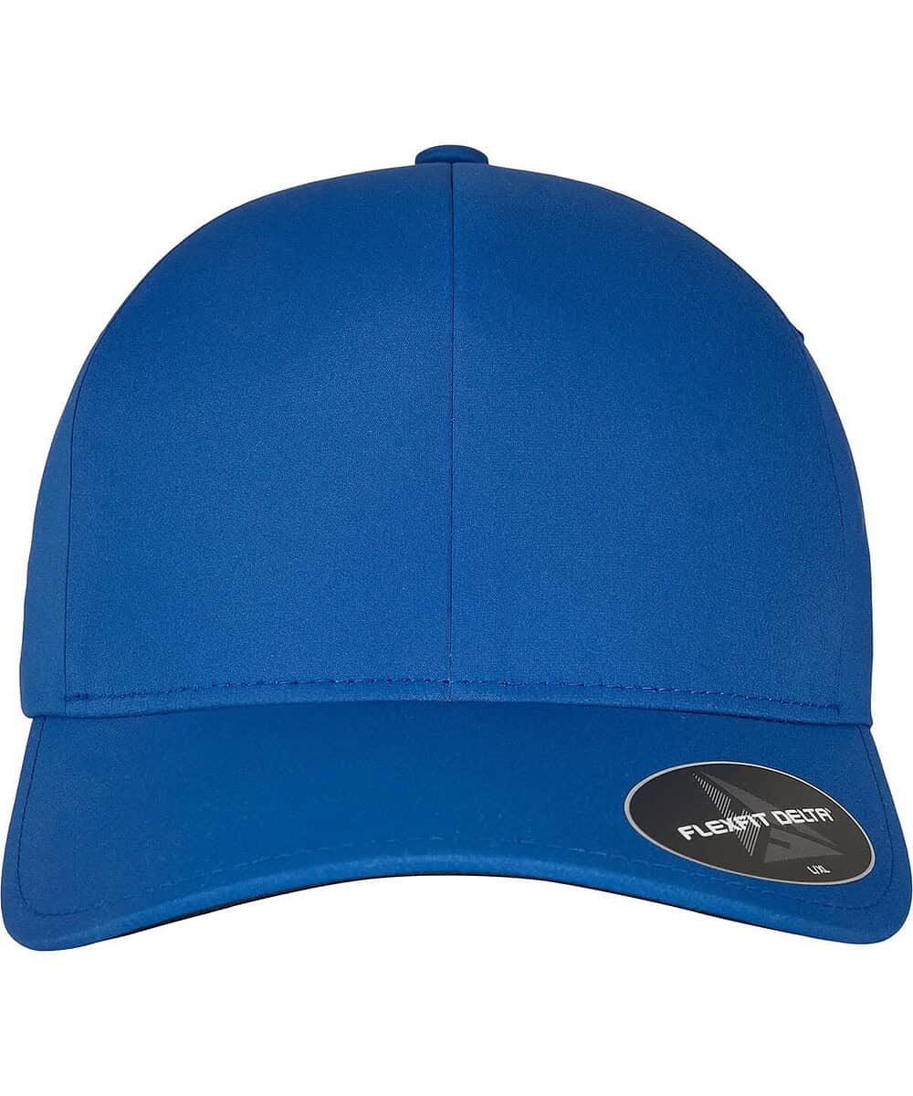 Branded blue Flexfit Delta cap featuring custom logo embroidery for promotional or corporate use.