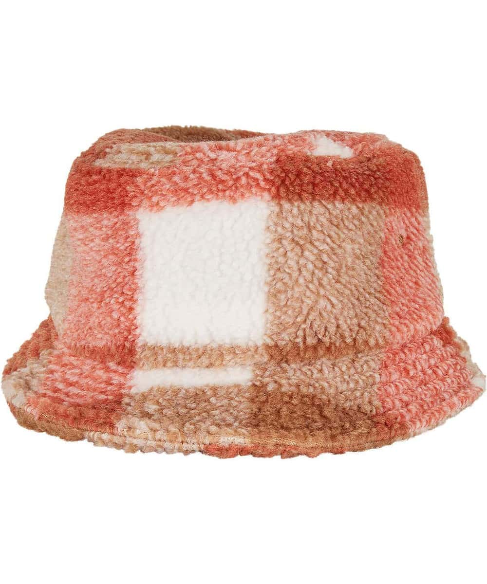 Sherpa check bucket hat with embroidered logo, perfect for branded promotional wear. Stylish and war.