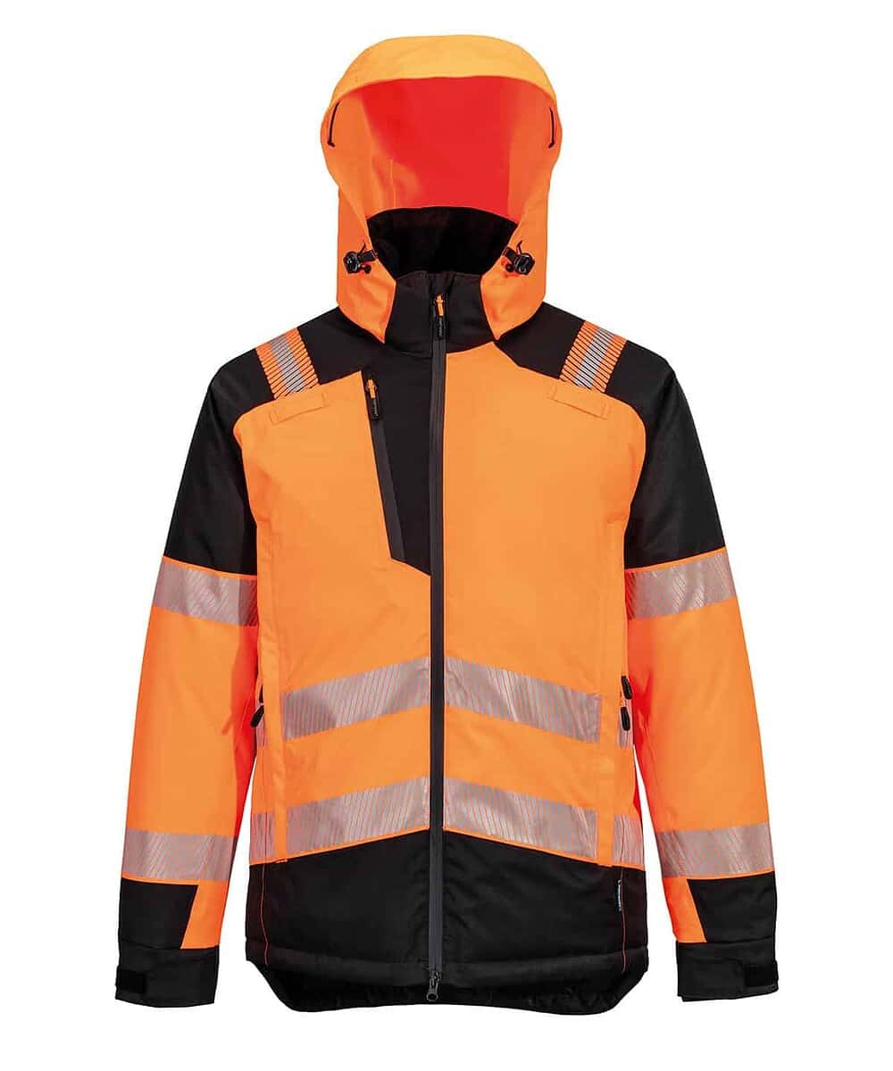 High-vis winter jacket with reflective strips for safety and warmth. Ideal for outdoor work in cold.