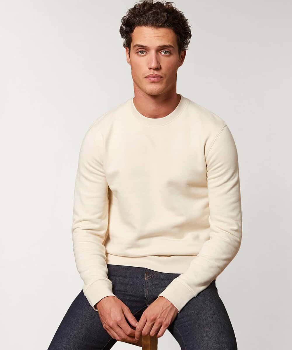 Unisex cream crew neck sweatshirt for casual or workwear, comfortable fit.