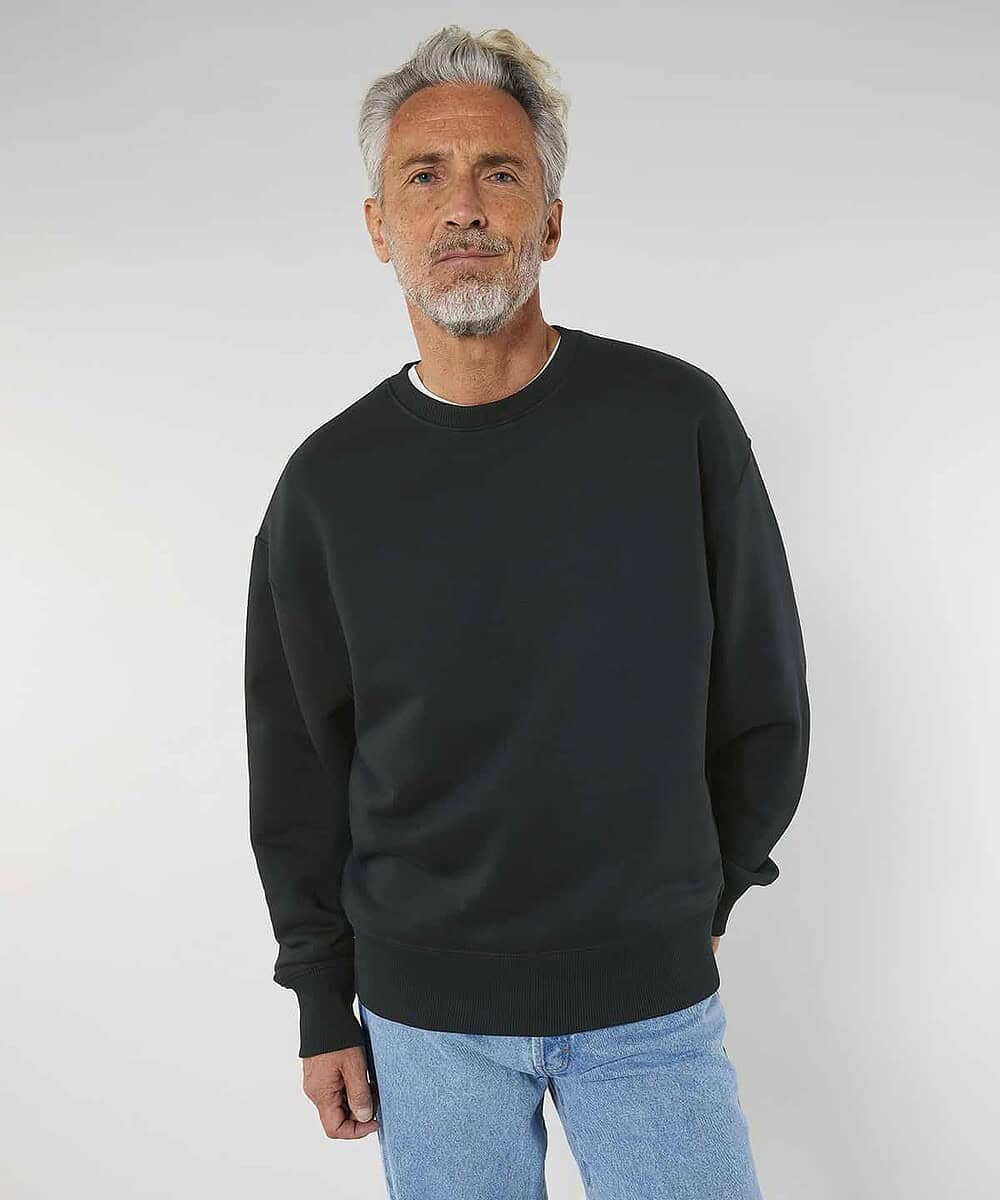 Unisex black brushed crew neck sweatshirt, casual and comfortable.