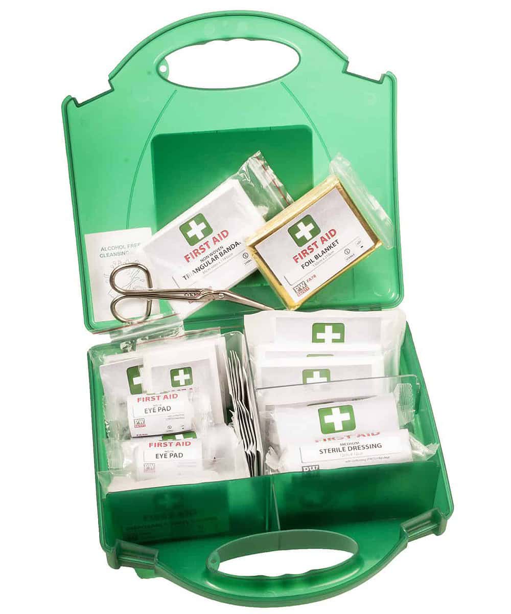 First aid kit with medical supplies in a green plastic case.
