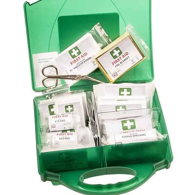 First aid kit with medical supplies in a green plastic case.